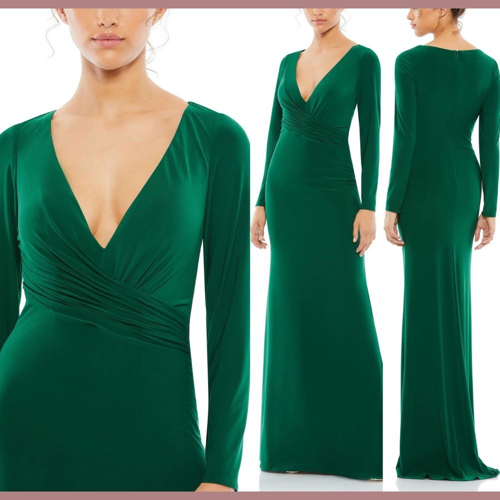NWD IEENA Mac Duggal [ 6 ] Long Sleeve Ruched Jersey V Neck Gown Emerald‎ Green